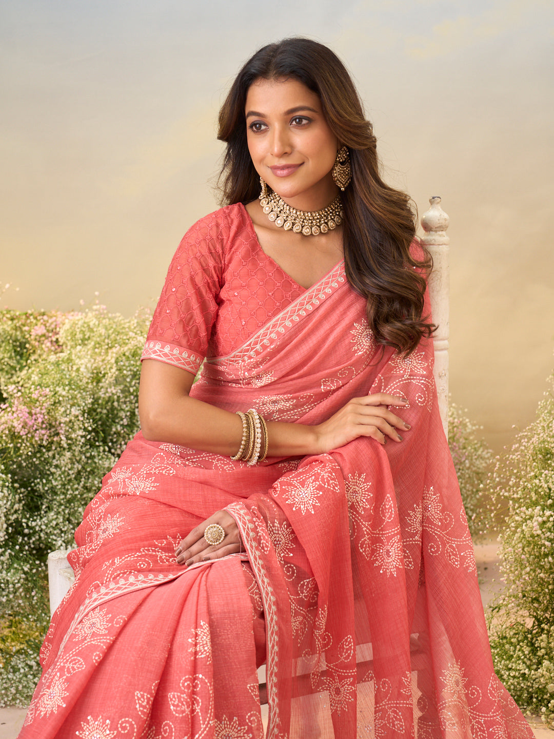 Laxmipati Anaya Peach Chiffon Saree with Floral Print