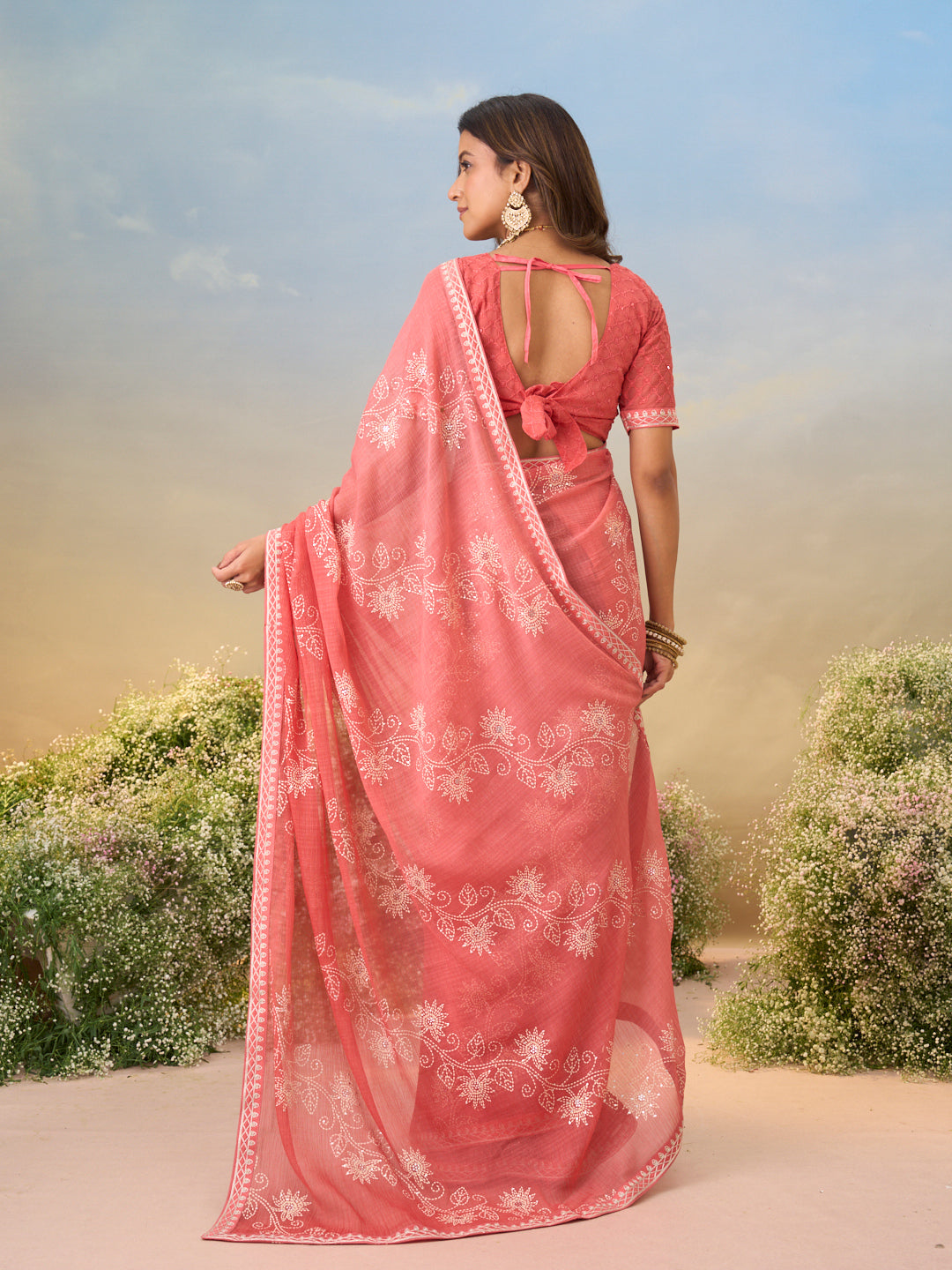 Laxmipati Anaya Peach Chiffon Saree with Floral Print