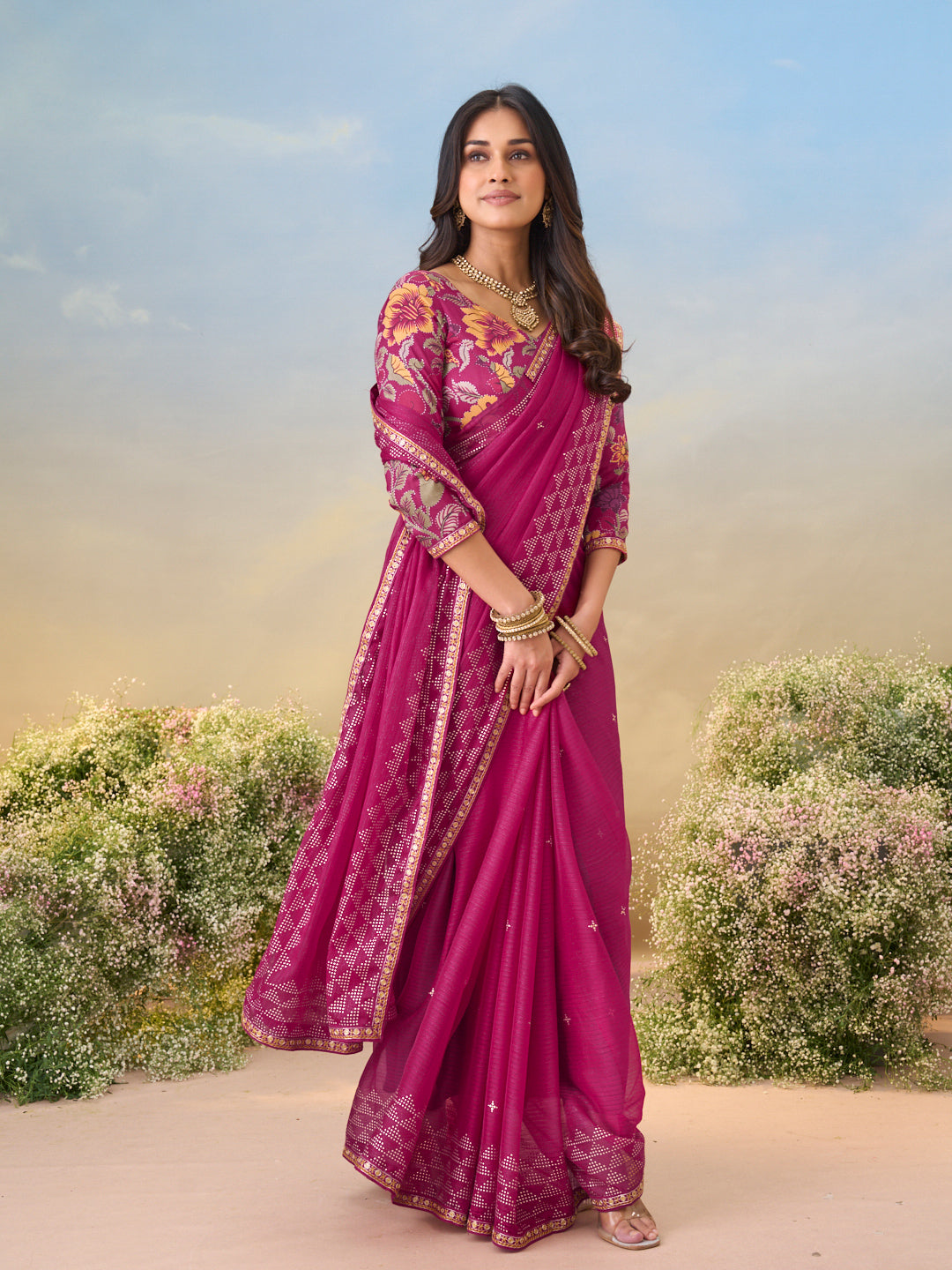 Laxmipati Anaya Wine Geometric Foil Work Chiffon Saree