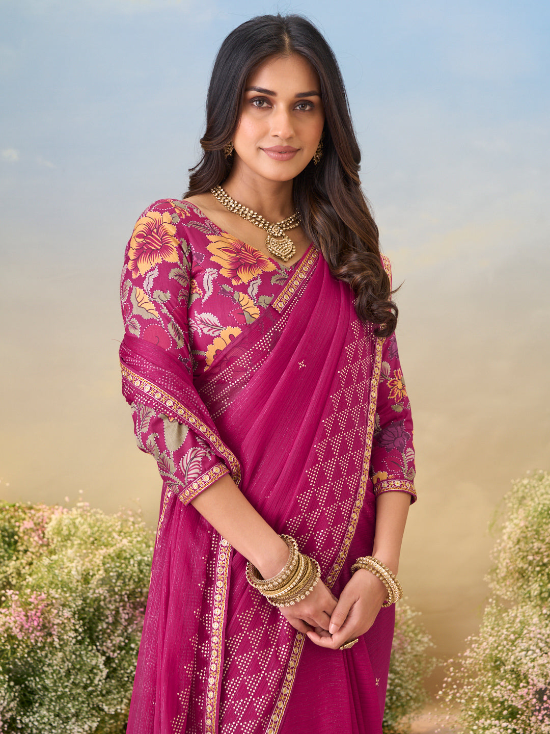 Laxmipati Anaya Wine Geometric Foil Work Chiffon Saree