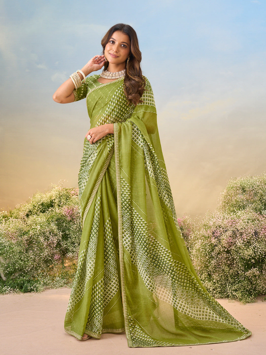Laxmipati Anaya Green Chiffon Saree with Geometric Prints