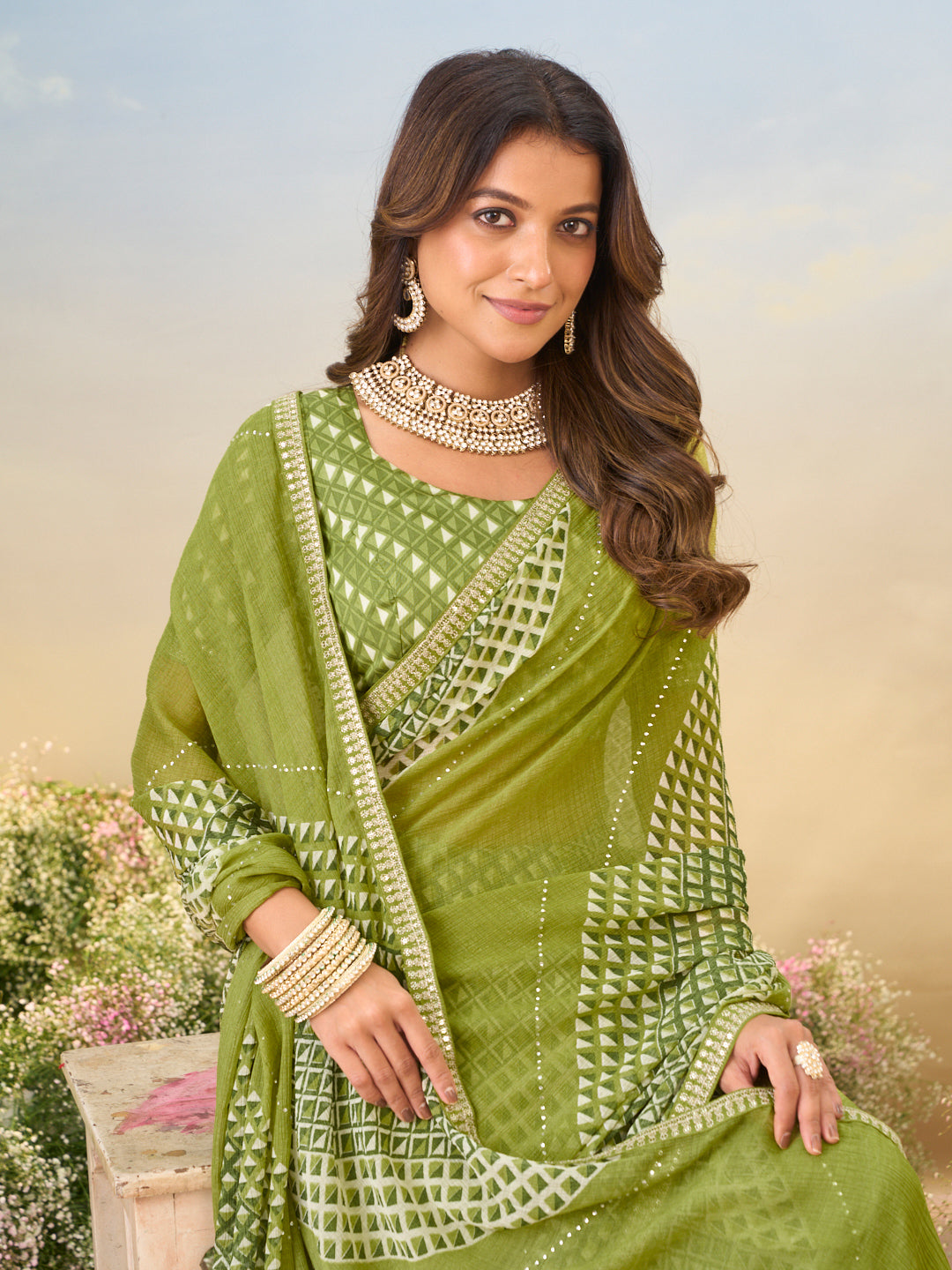 Laxmipati Anaya Green Chiffon Saree with Geometric Prints