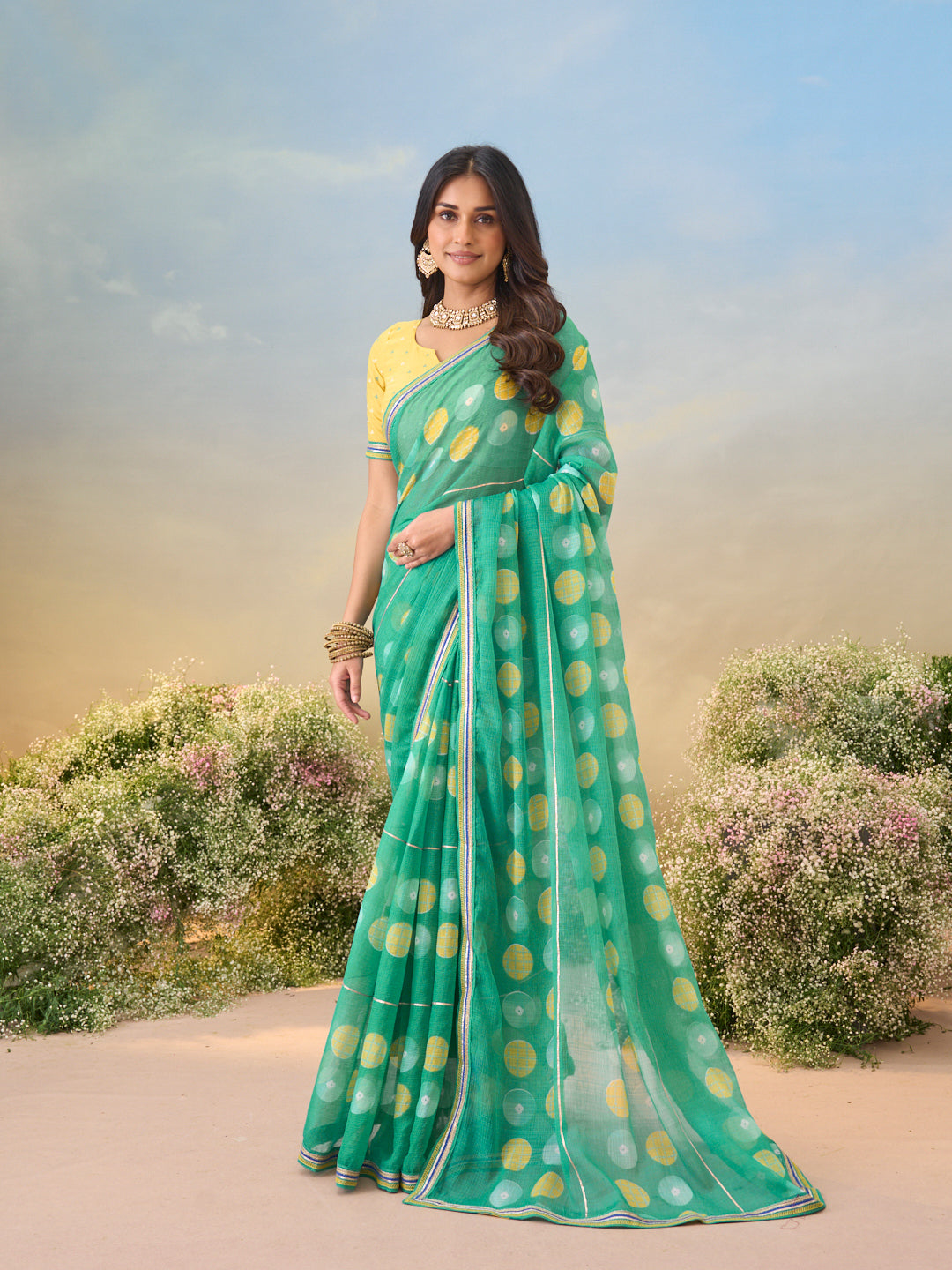 Laxmipati Anaya Teal Green Chiffon Saree with Geometric Prints