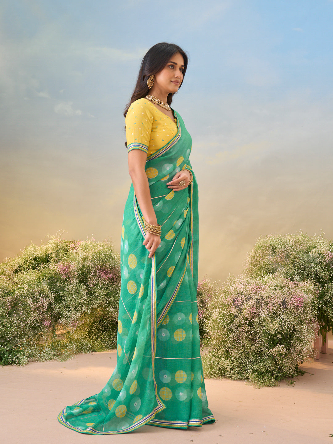 Laxmipati Anaya Teal Green Chiffon Saree with Geometric Prints