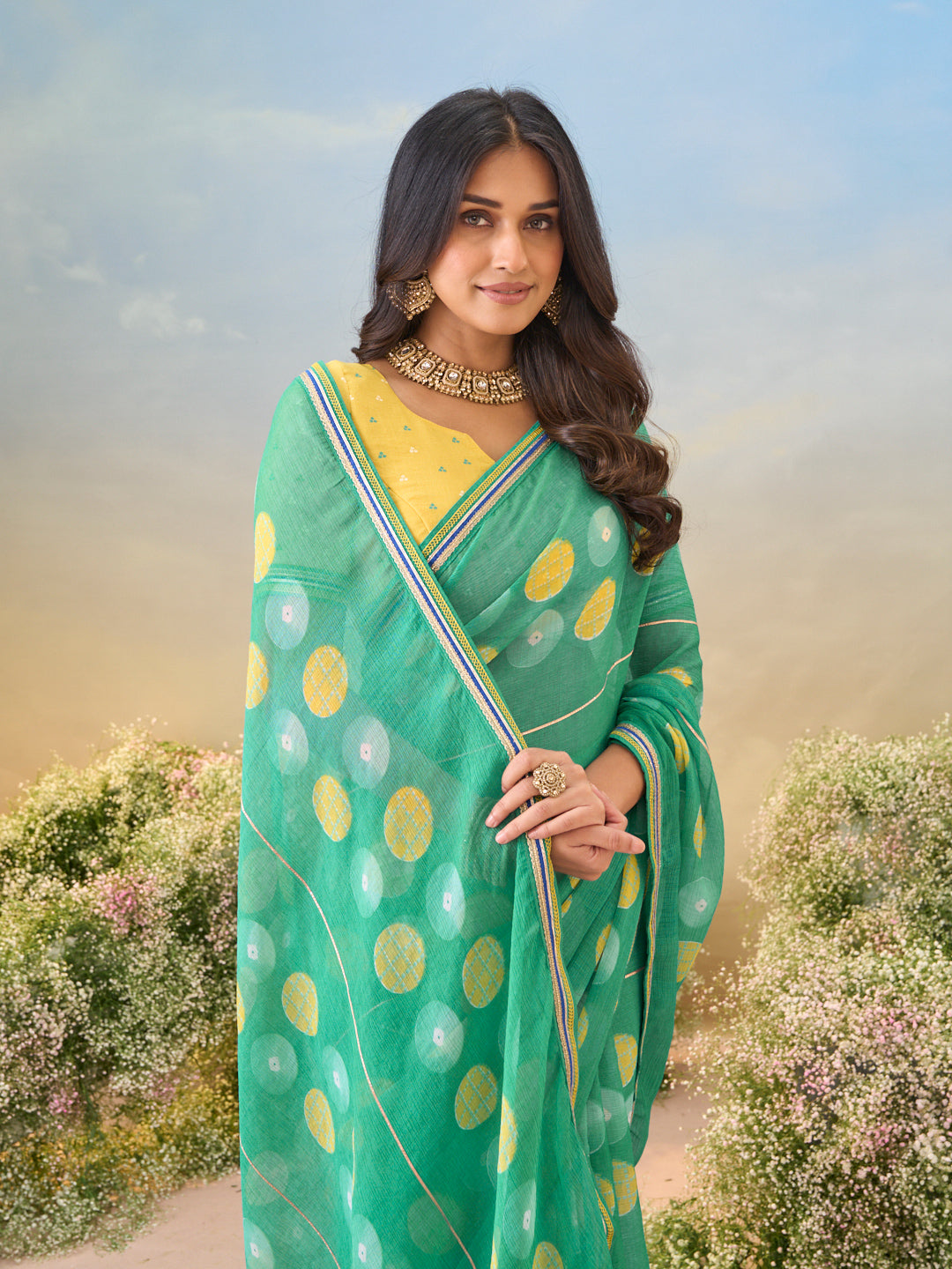 Laxmipati Anaya Teal Green Chiffon Saree with Geometric Prints