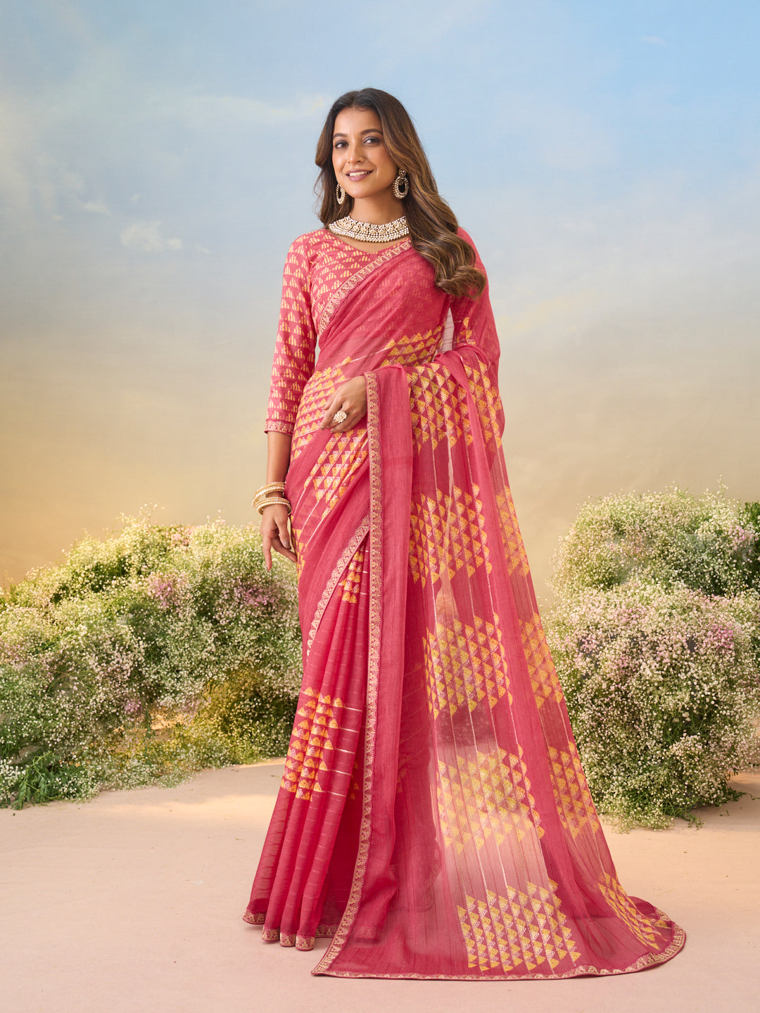 Laxmipati Anaya Pink Chiffon Saree with Geometric Prints