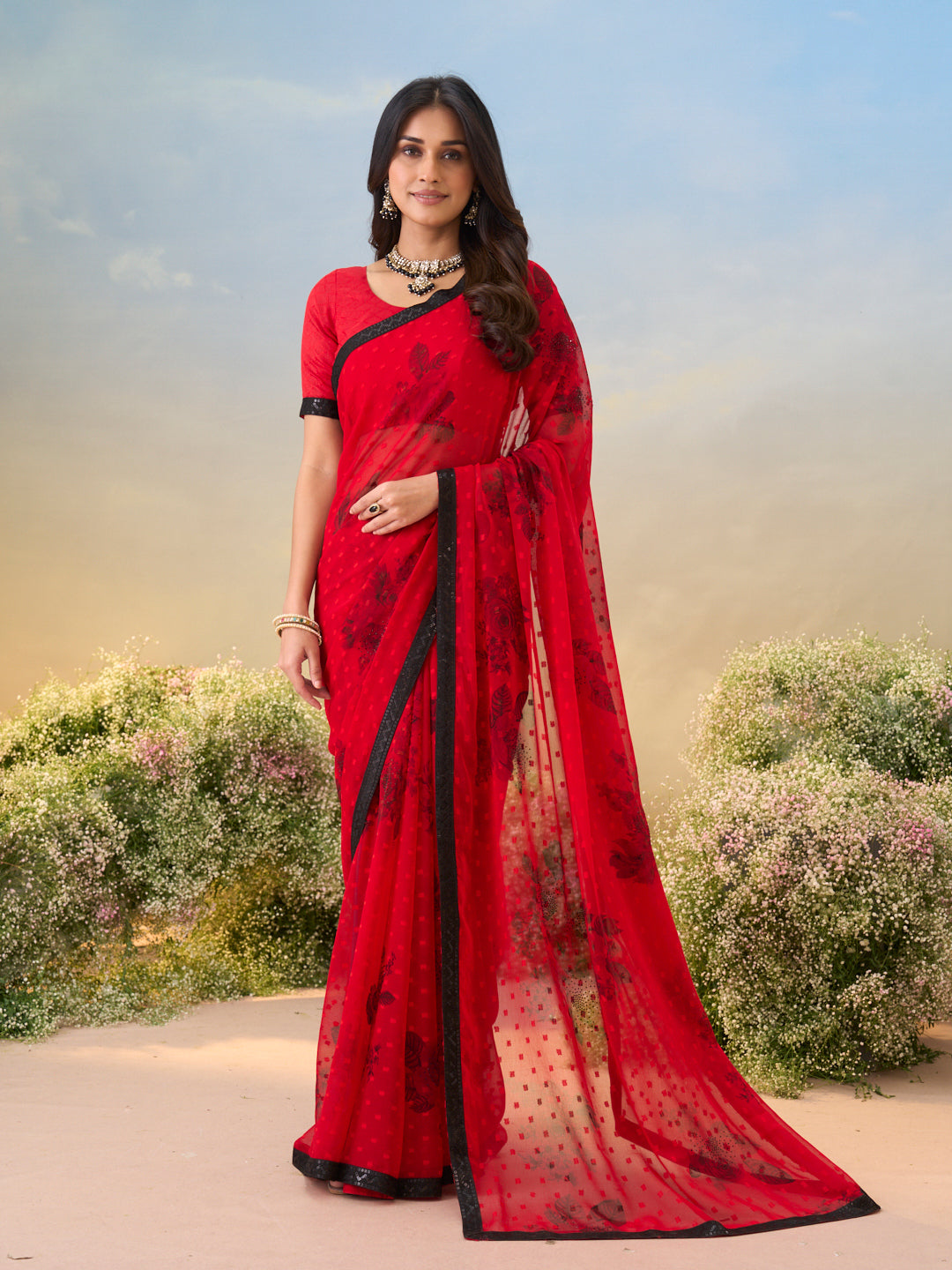 Laxmipati Anaya Red Georgette Saree with Floral Prints