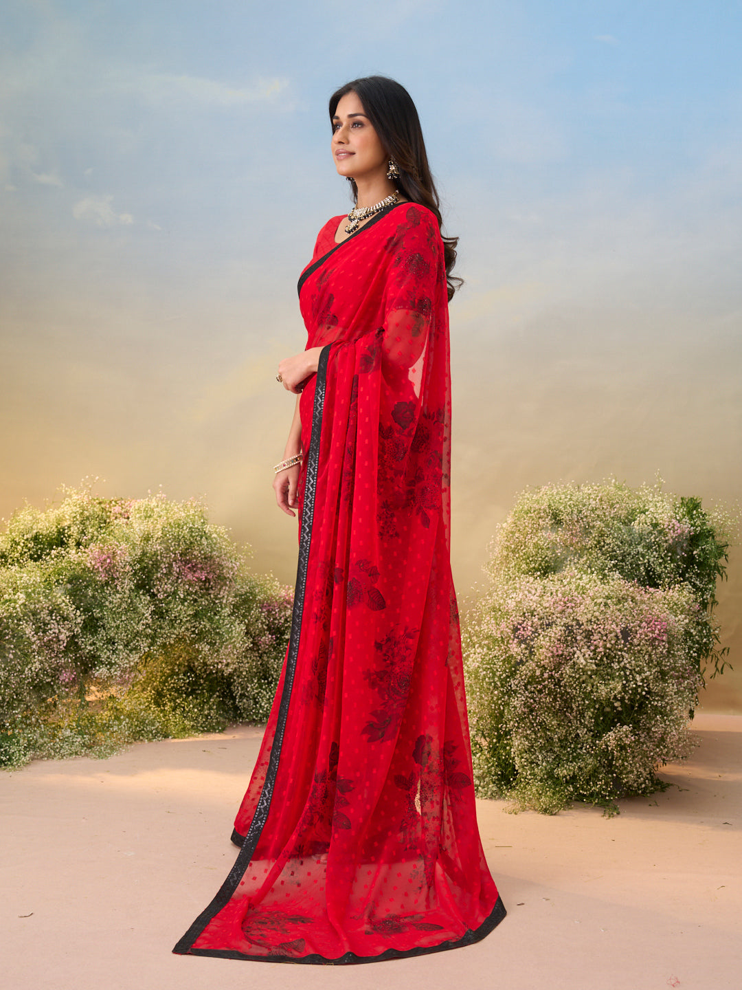 Laxmipati Anaya Red Georgette Saree with Floral Prints