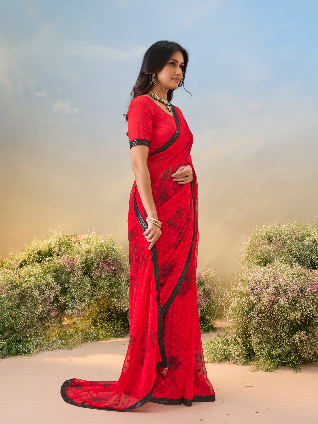 Laxmipati Anaya Red Georgette Saree with Floral Prints