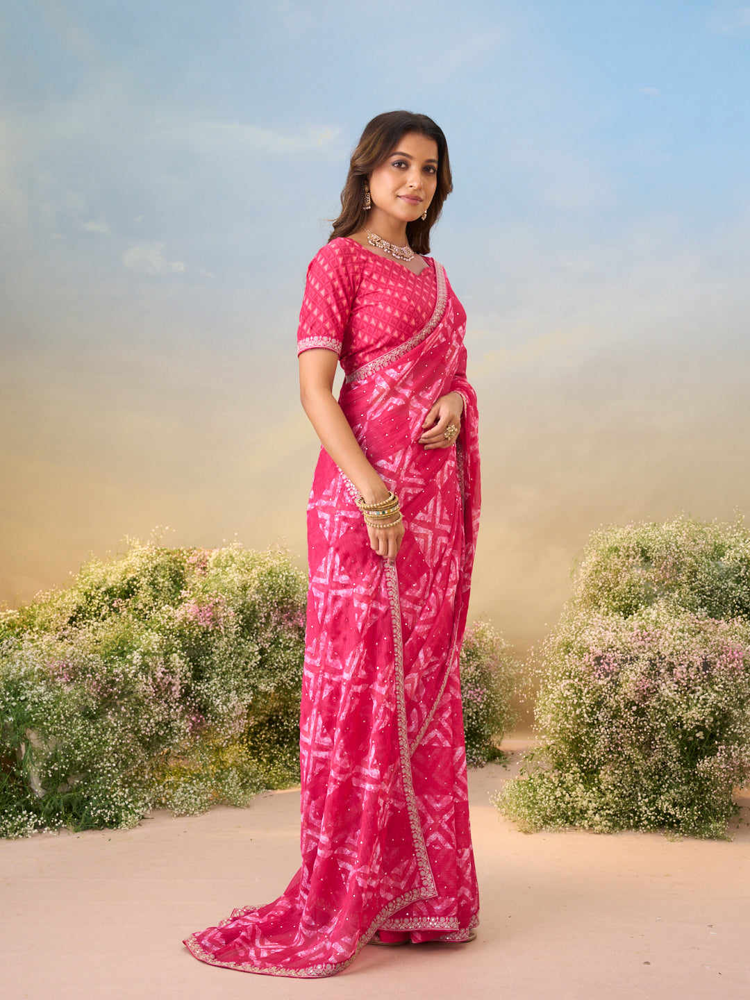 Laxmipati Anaya Pink Chiffon Saree with Geometric Prints