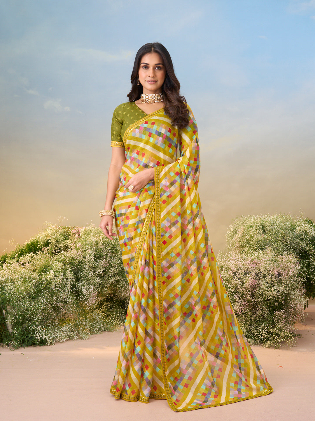 Laxmipati Anaya Mustard Georgette Saree with Checkered Prints
