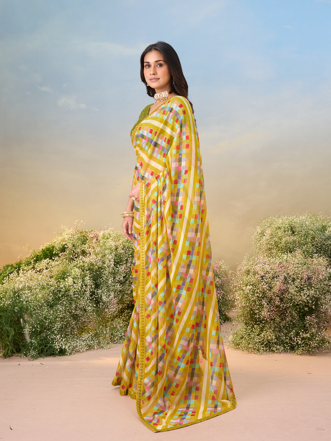 Laxmipati Anaya Mustard Georgette Saree with Checkered Prints