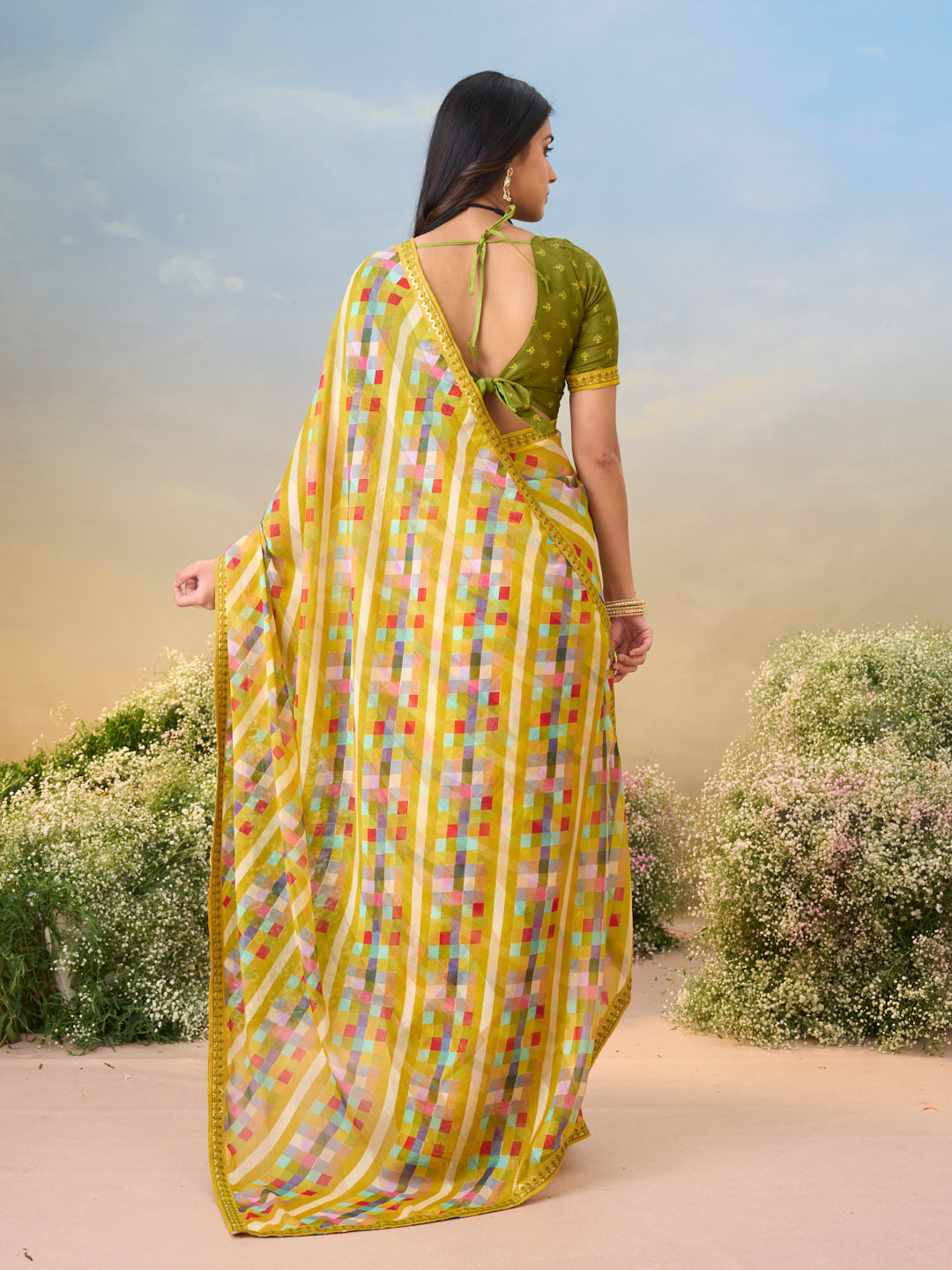 Laxmipati Anaya Mustard Georgette Saree with Checkered Prints