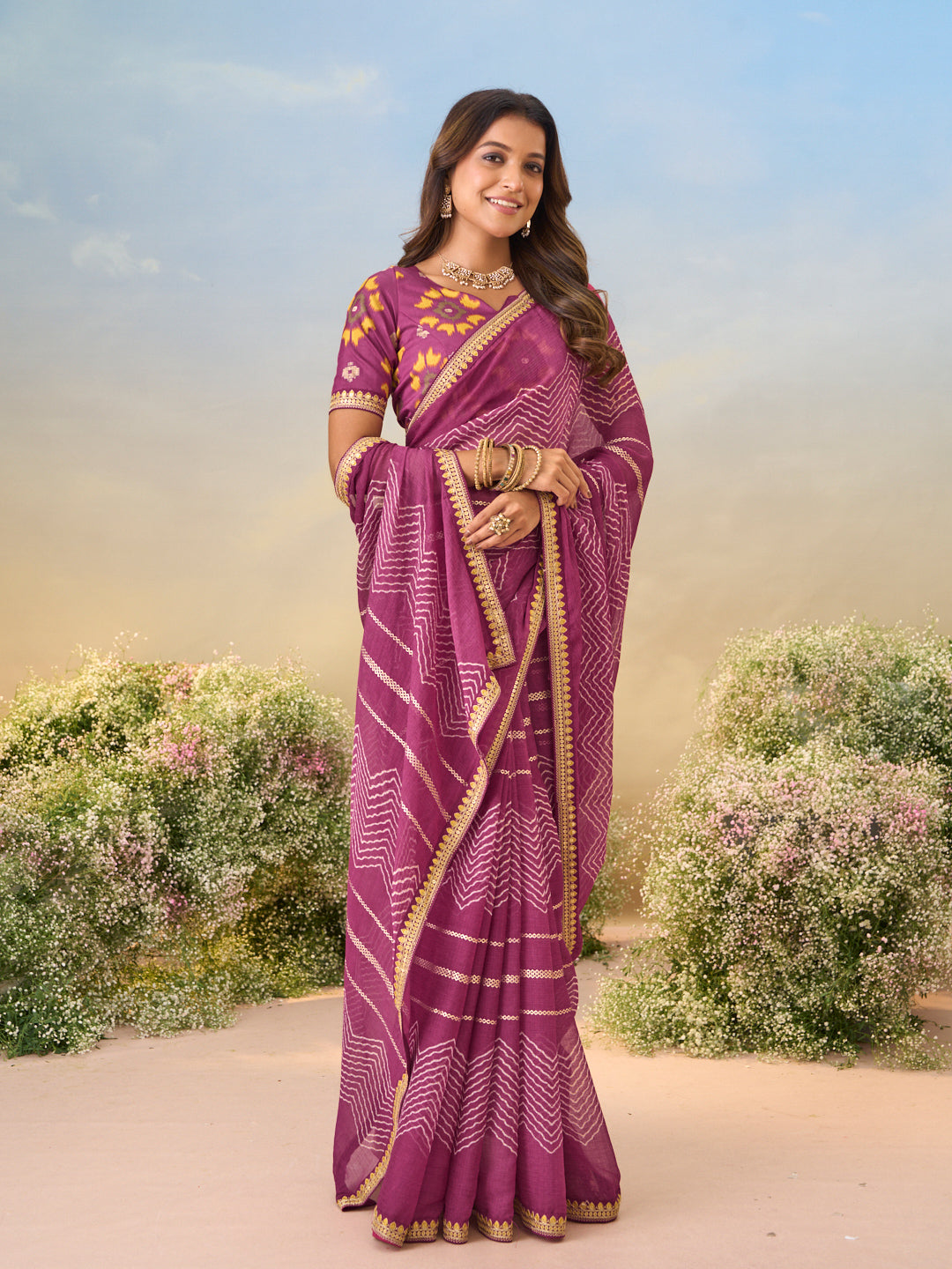 Laxmipati Anaya Wine Chiffon Saree with Chevron Prints