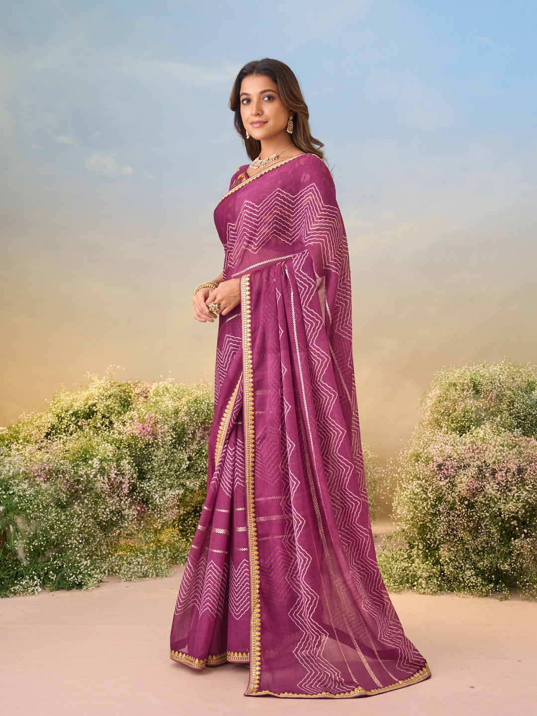 Laxmipati Anaya Wine Chiffon Saree with Chevron Prints