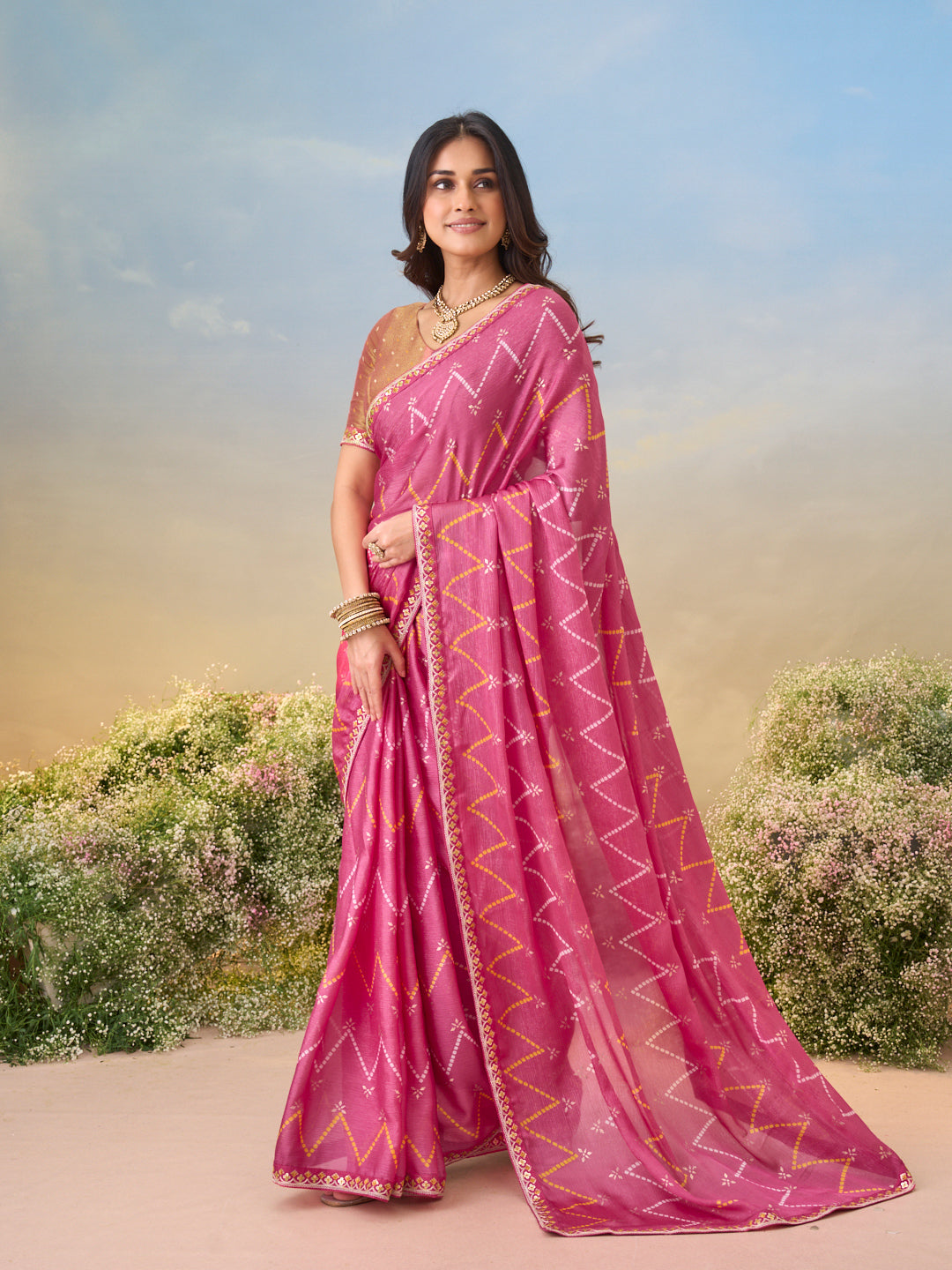 Laxmipati Anaya Pink Silk Saree with Chevron Prints