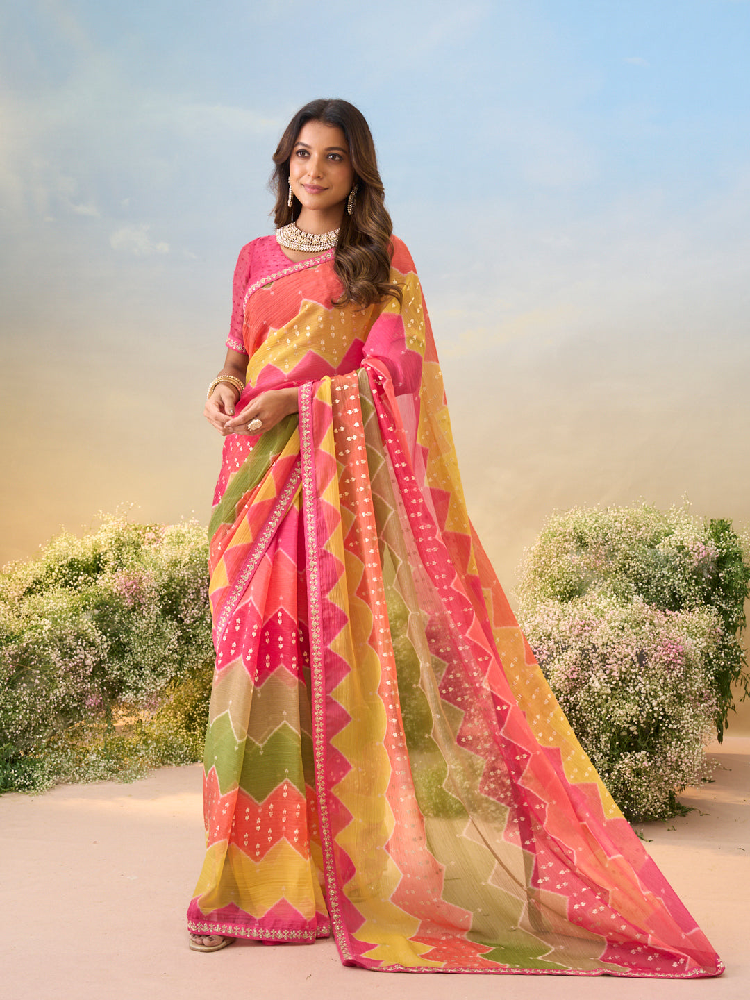 Laxmipati Anaya Multicolor Silk with Chevron Prints