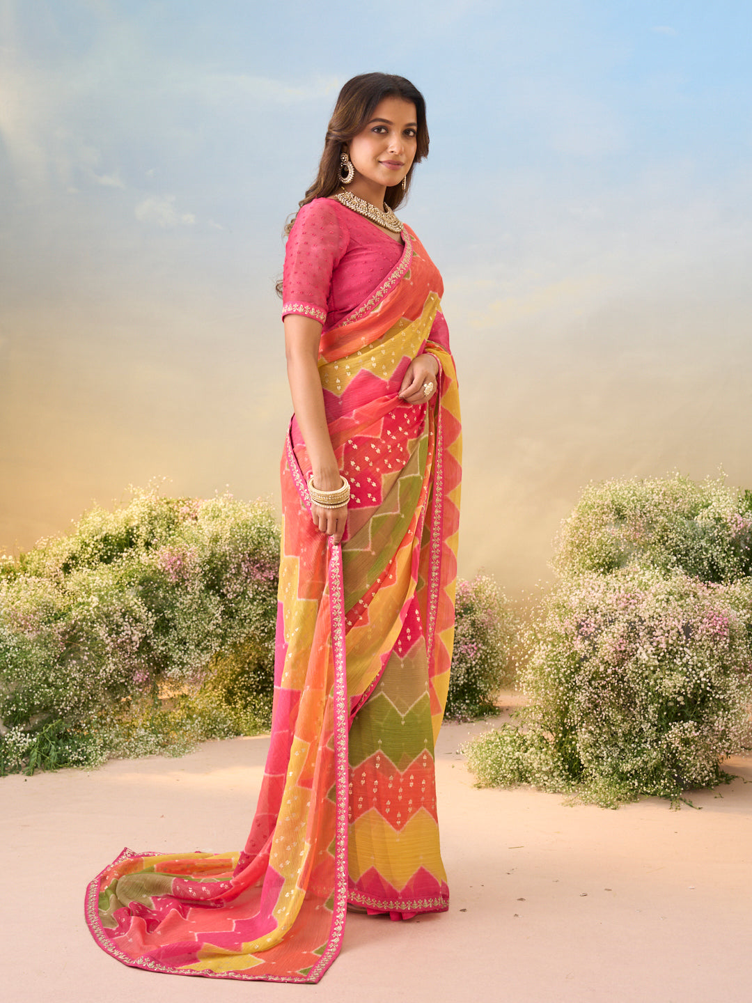 Laxmipati Anaya Multicolor Silk with Chevron Prints