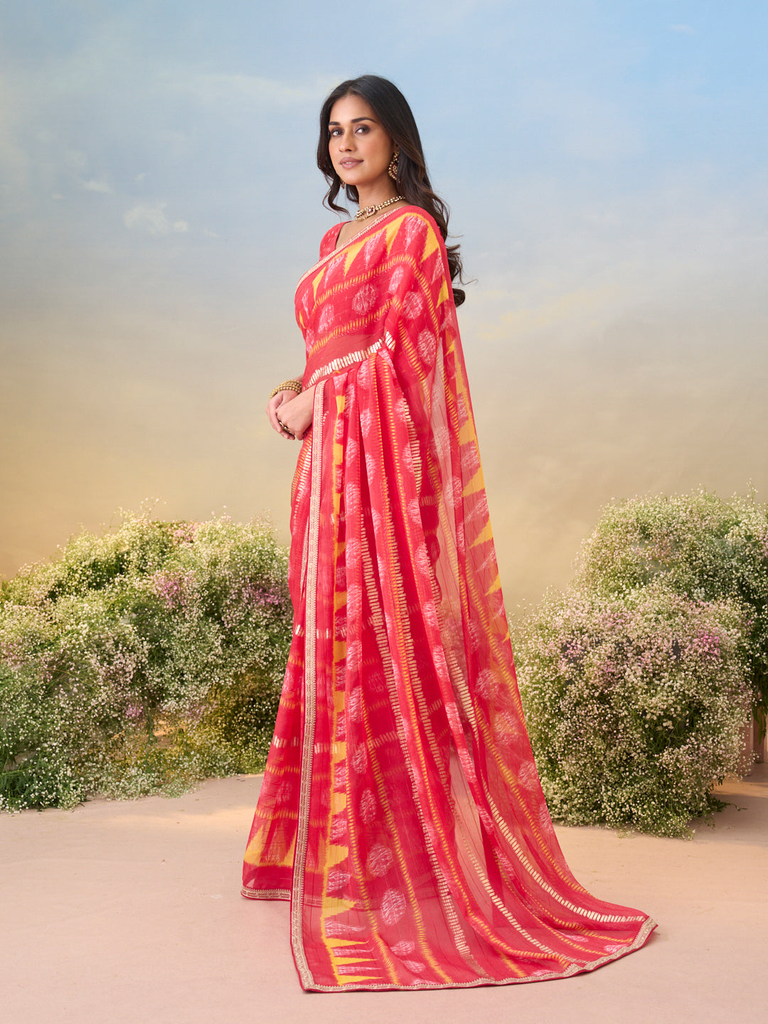 Laxmipati Anaya Pink Chiffon Saree with Geometric Prints