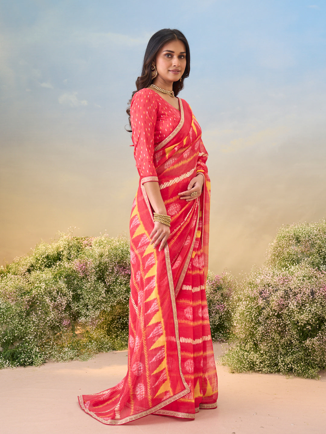 Laxmipati Anaya Pink Chiffon Saree with Geometric Prints
