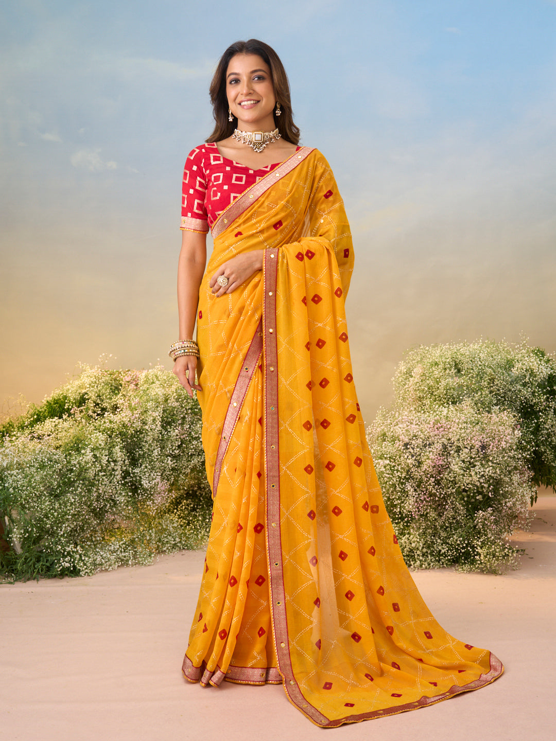 Laxmipati Anaya Mustard Georgette Saree with Bandhani Print
