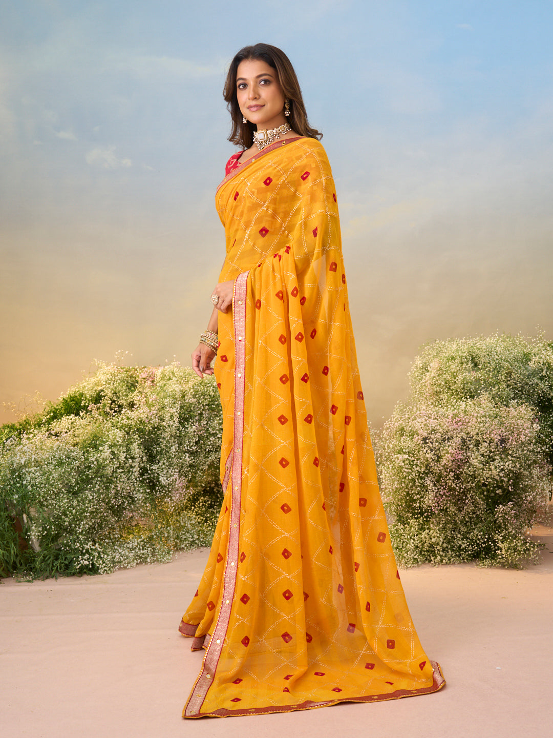 Laxmipati Anaya Mustard Georgette Saree with Bandhani Print