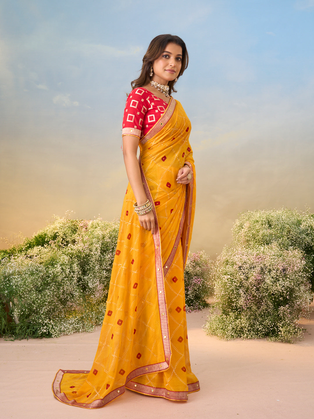 Laxmipati Anaya Mustard Georgette Saree with Bandhani Print
