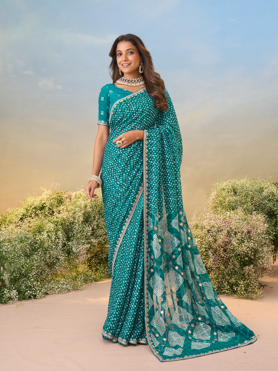 Laxmipati Anaya Teal Blue Chiffon Saree with Bandhani Prints