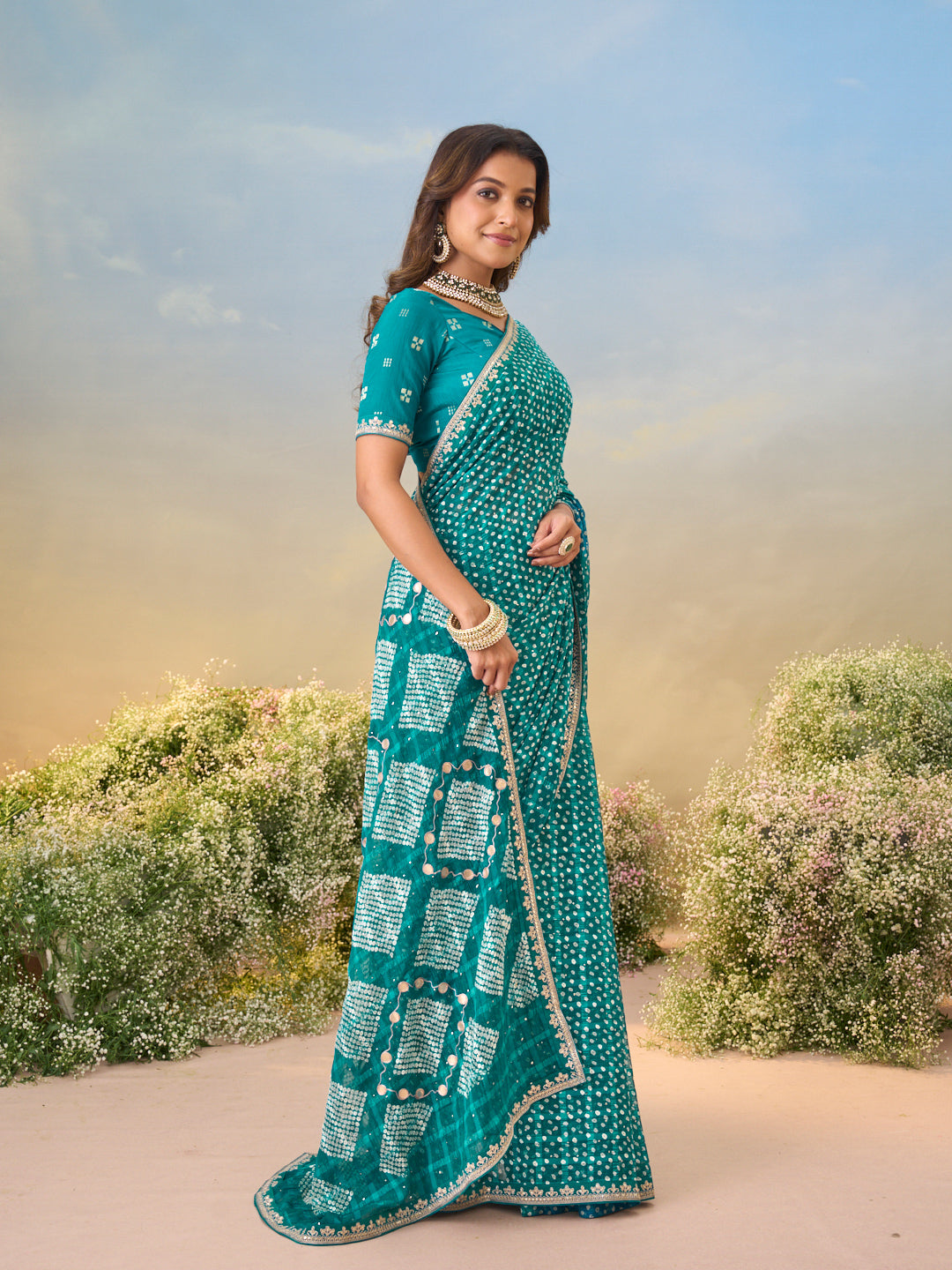 Laxmipati Anaya Teal Blue Chiffon Saree with Bandhani Prints