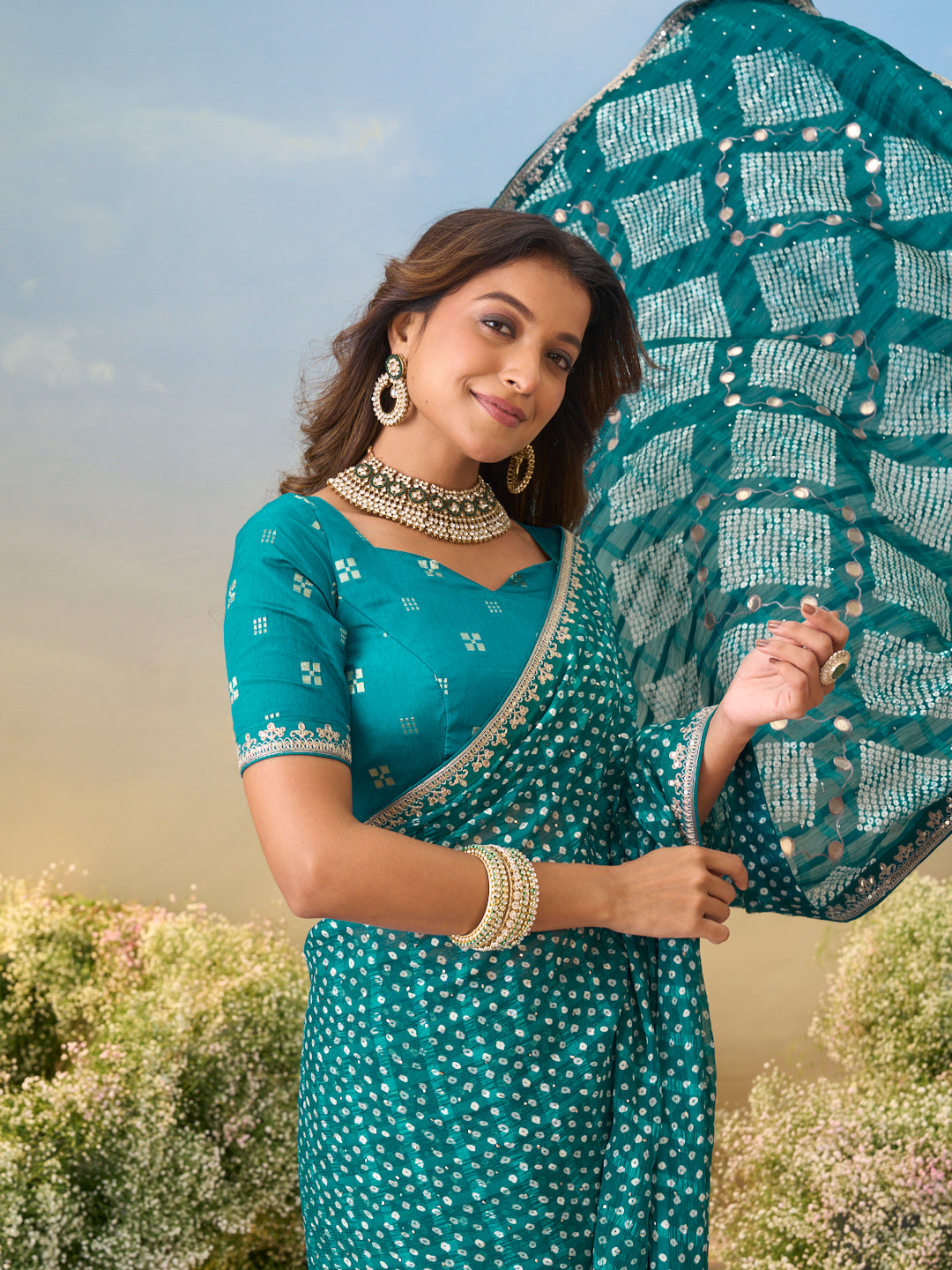 Laxmipati Anaya Teal Blue Chiffon Saree with Bandhani Prints