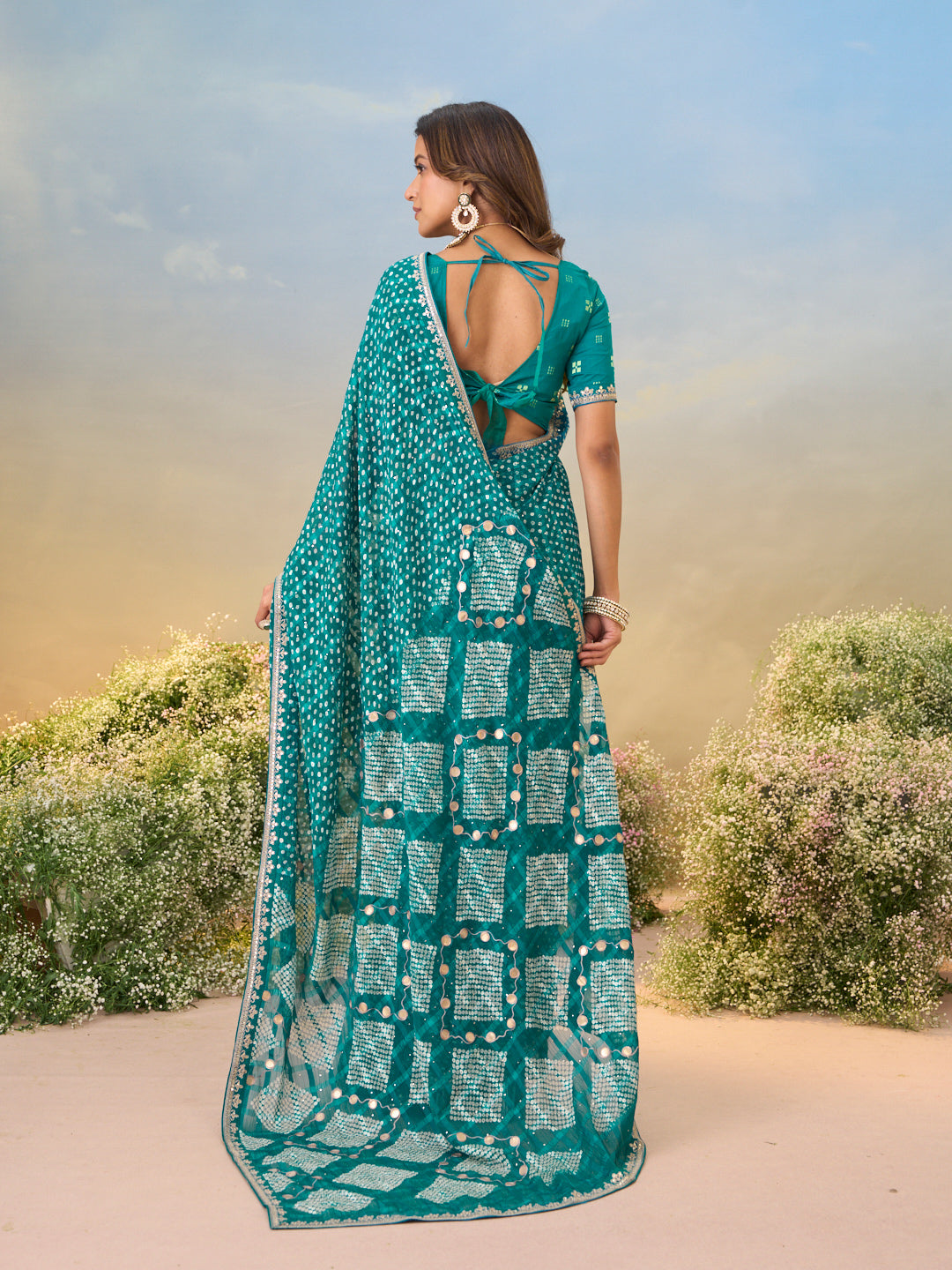 Laxmipati Anaya Teal Blue Chiffon Saree with Bandhani Prints