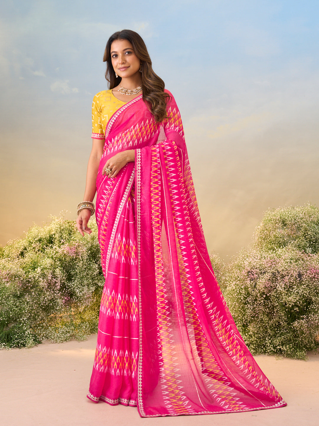 Laxmipati Anaya Pink Chiffon Saree in Ikkat Prints