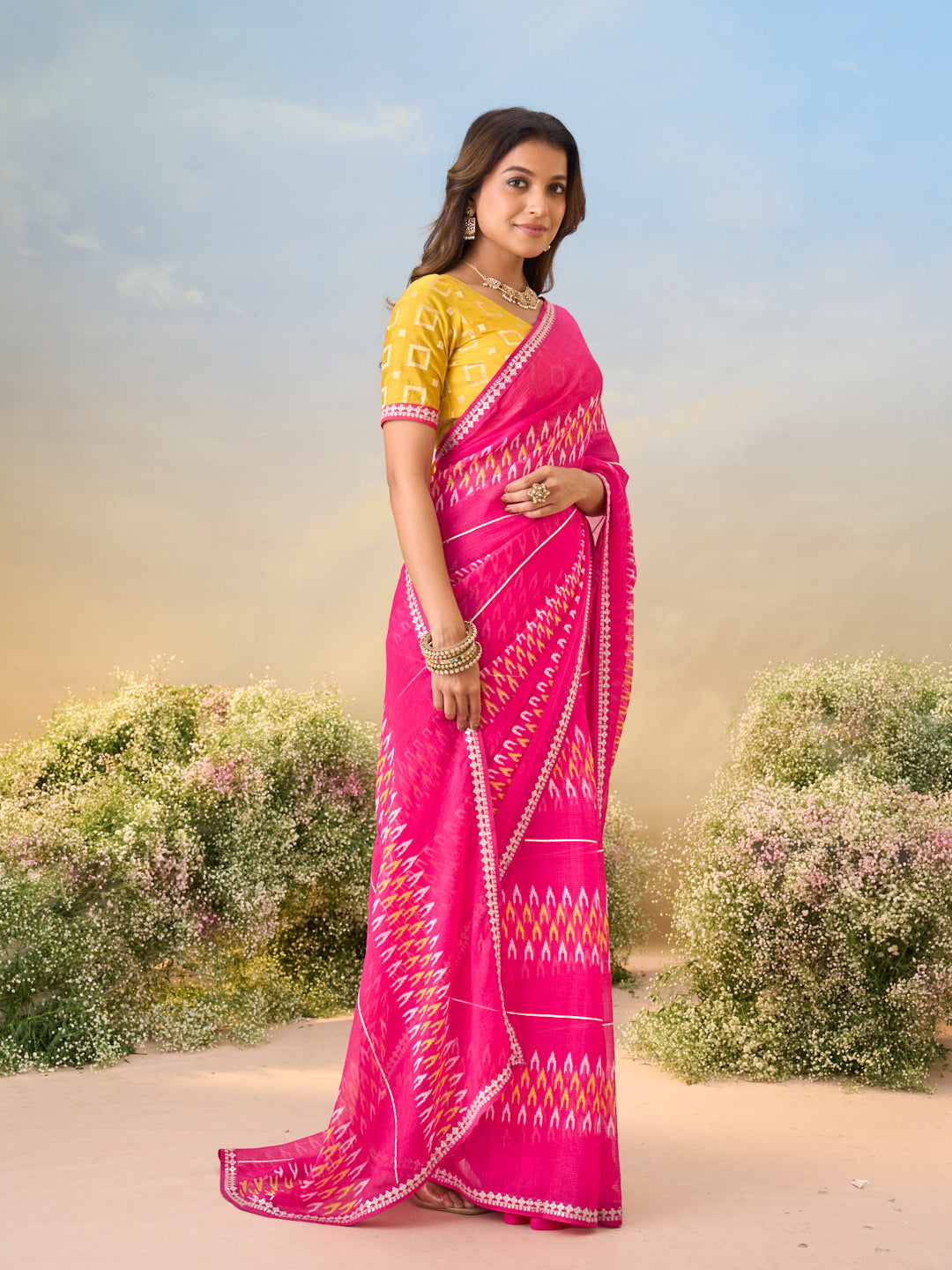 Laxmipati Anaya Pink Chiffon Saree in Ikkat Prints