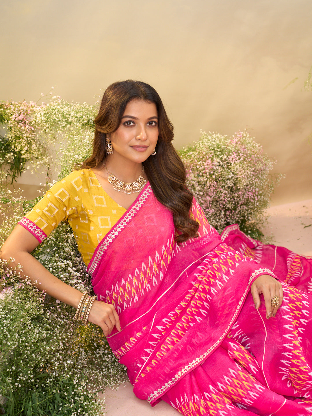 Laxmipati Anaya Pink Chiffon Saree in Ikkat Prints