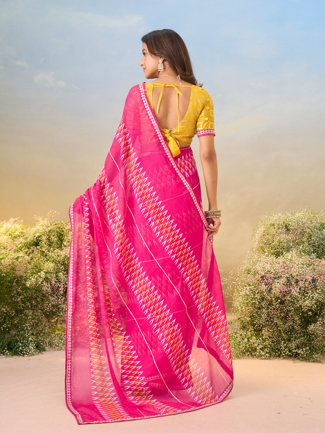 Laxmipati Anaya Pink Chiffon Saree in Ikkat Prints