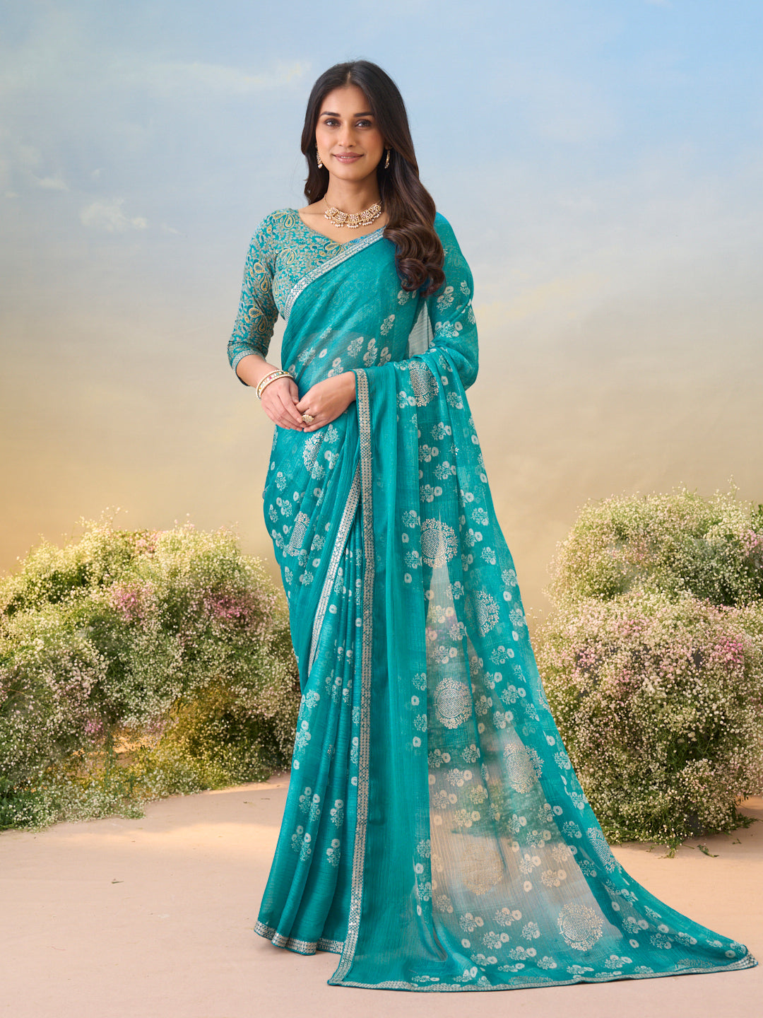 Laxmipati Anaya Teal Blue Chiffon Saree with Floral Prints