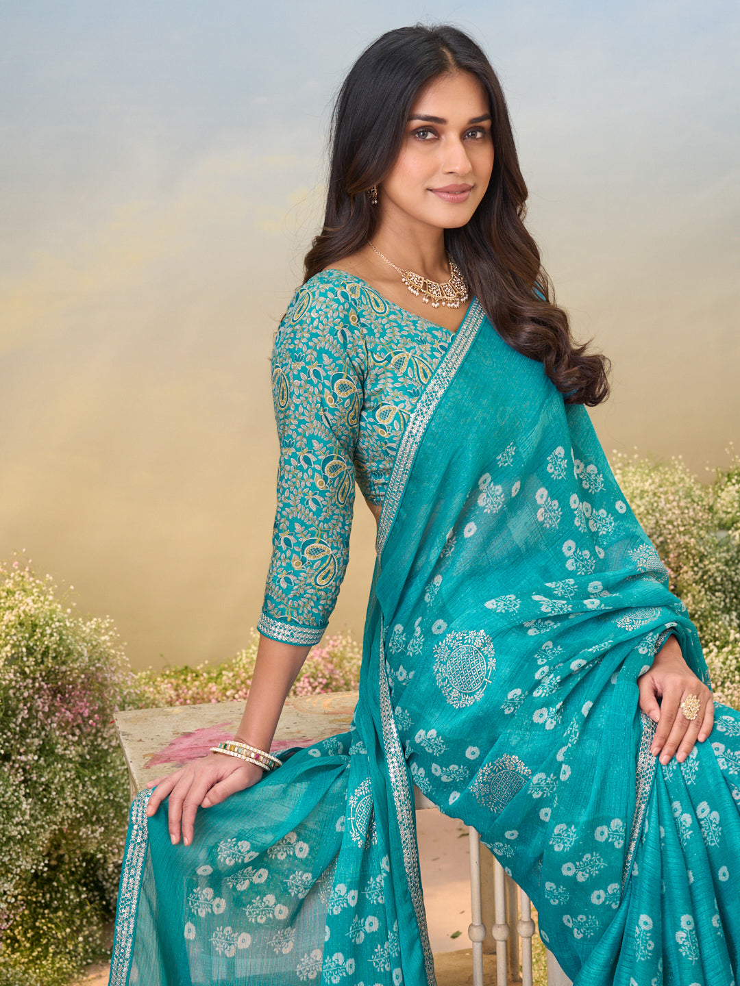 Laxmipati Anaya Teal Blue Chiffon Saree with Floral Prints