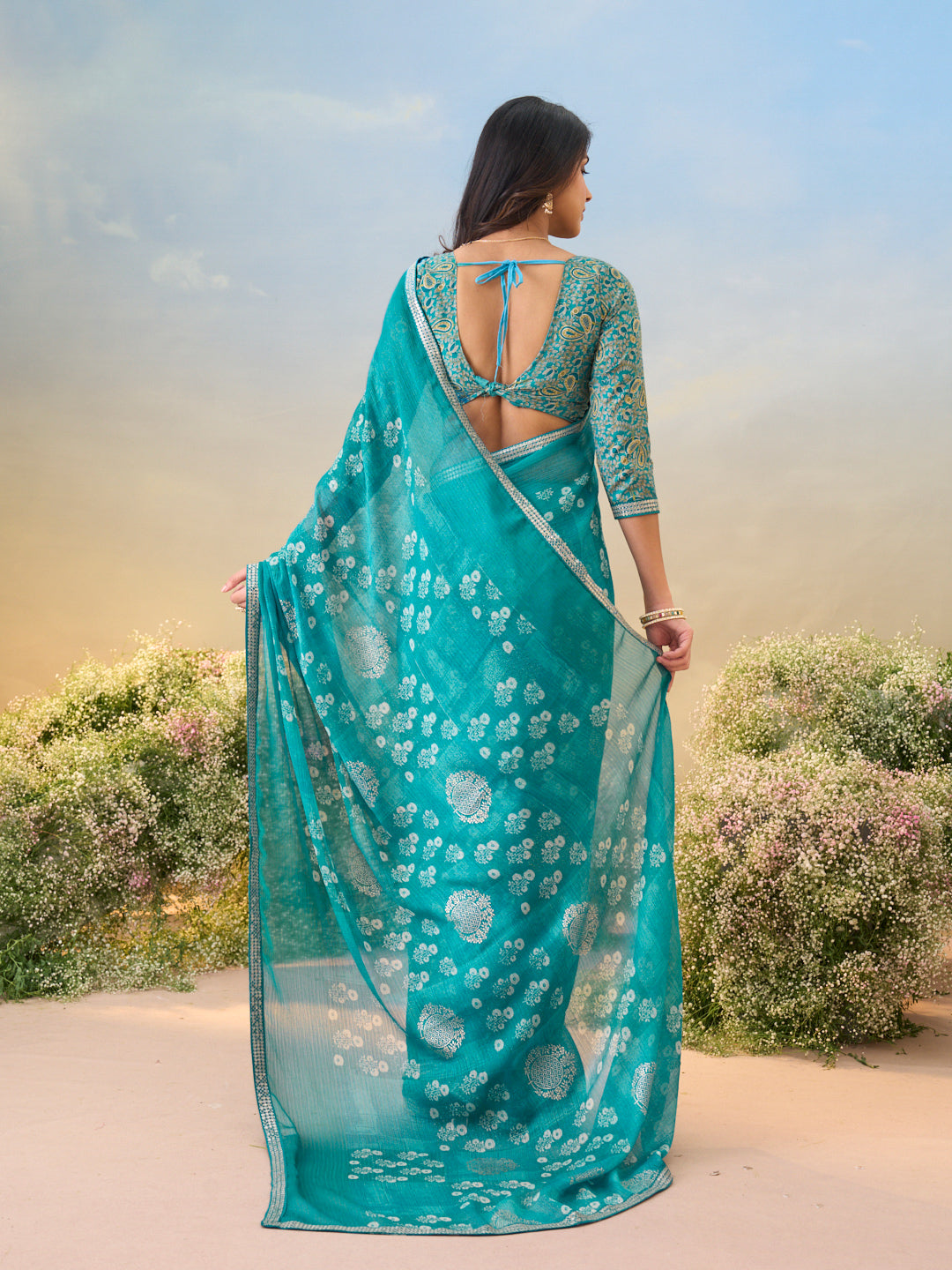Laxmipati Anaya Teal Blue Chiffon Saree with Floral Prints