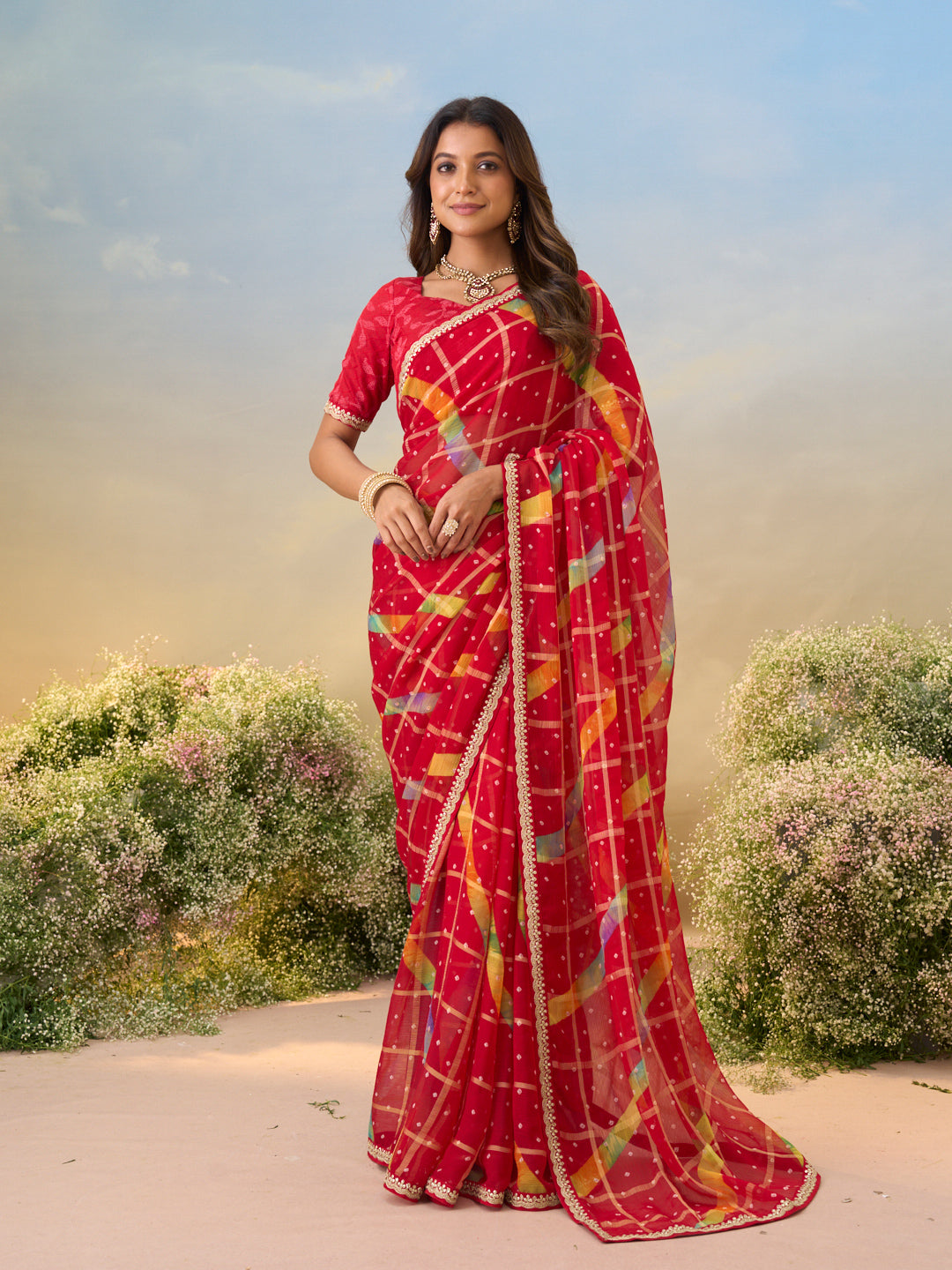 Laxmipati Anaya Red Chiffon Saree with Geometric Prints