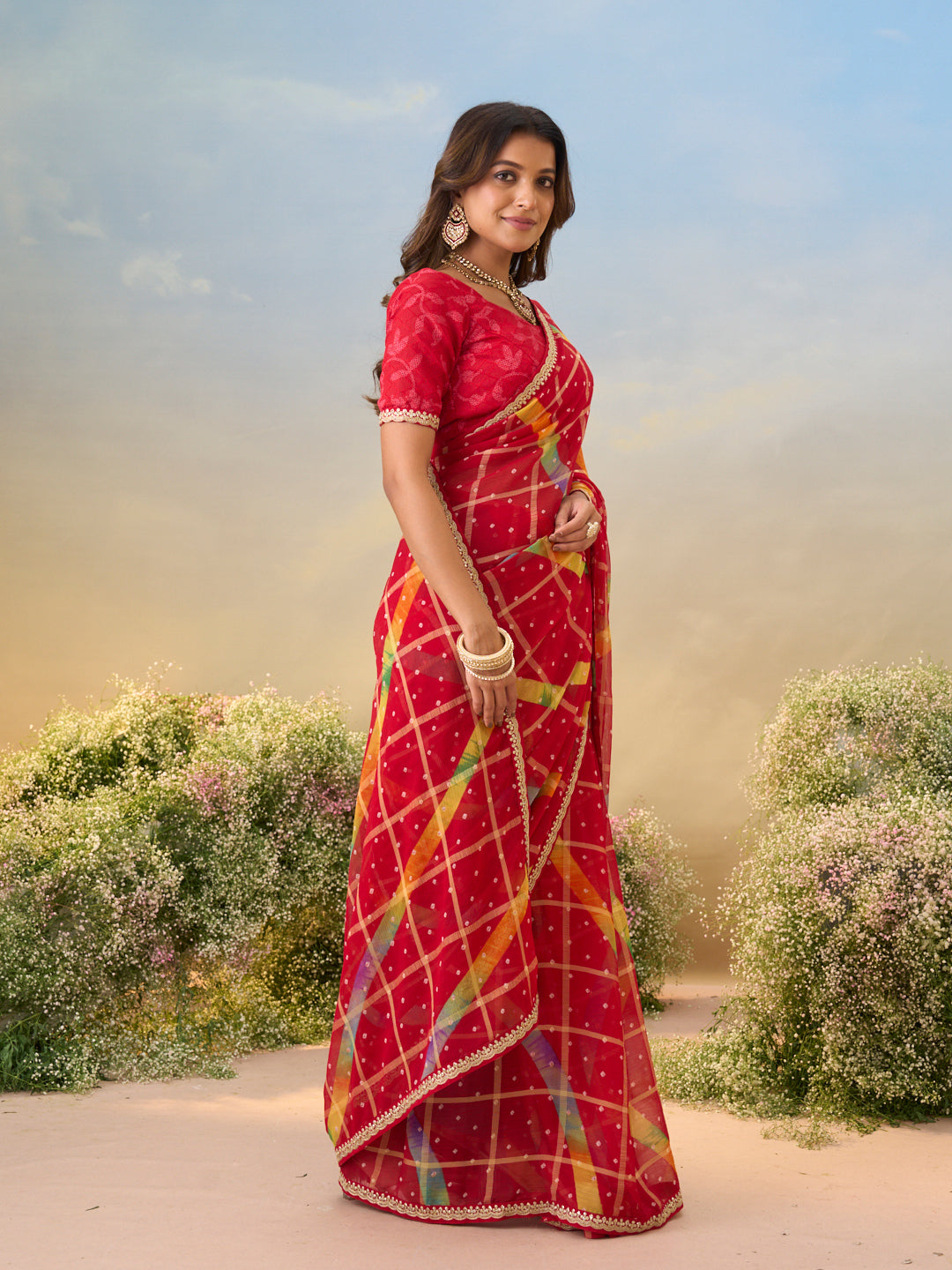 Laxmipati Anaya Red Chiffon Saree with Geometric Prints