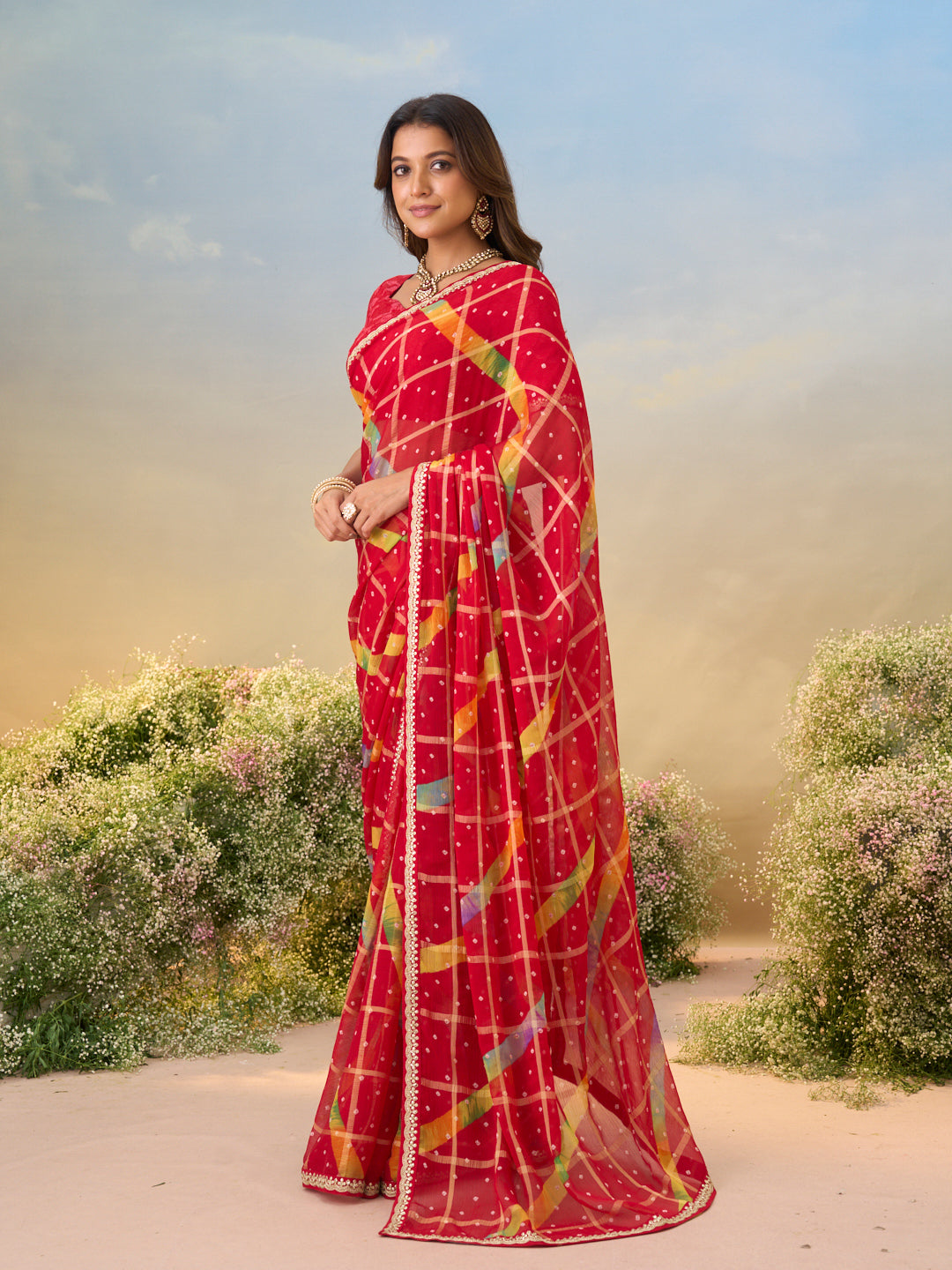 Laxmipati Anaya Red Chiffon Saree with Geometric Prints
