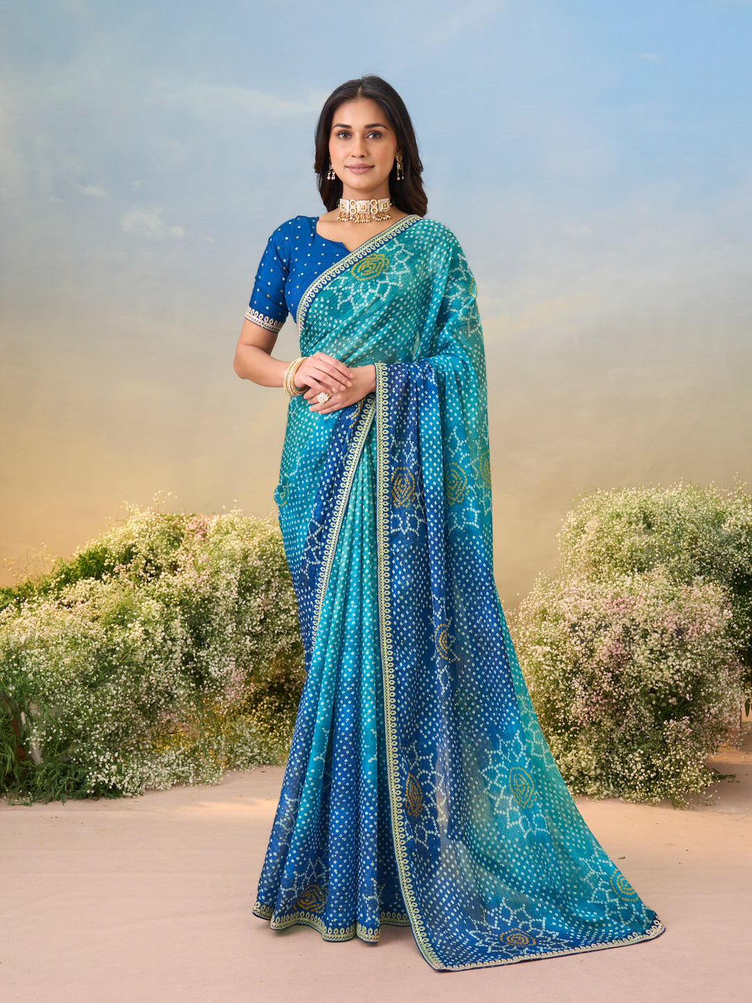 Laxmipati Anaya Teal Blue Silk Saree with Bandhani Prints