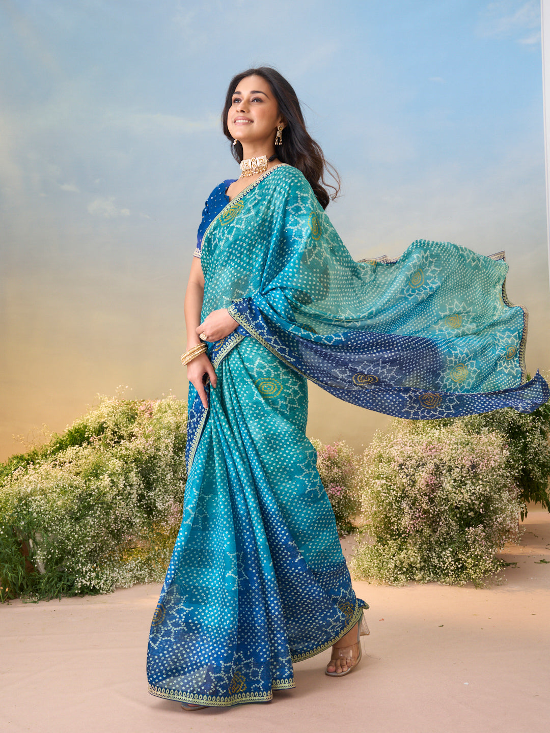 Laxmipati Anaya Teal Blue Silk Saree with Bandhani Prints