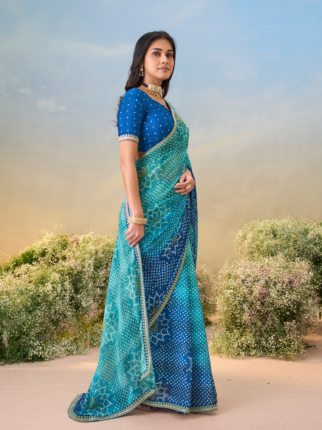 Laxmipati Anaya Teal Blue Silk Saree with Bandhani Prints
