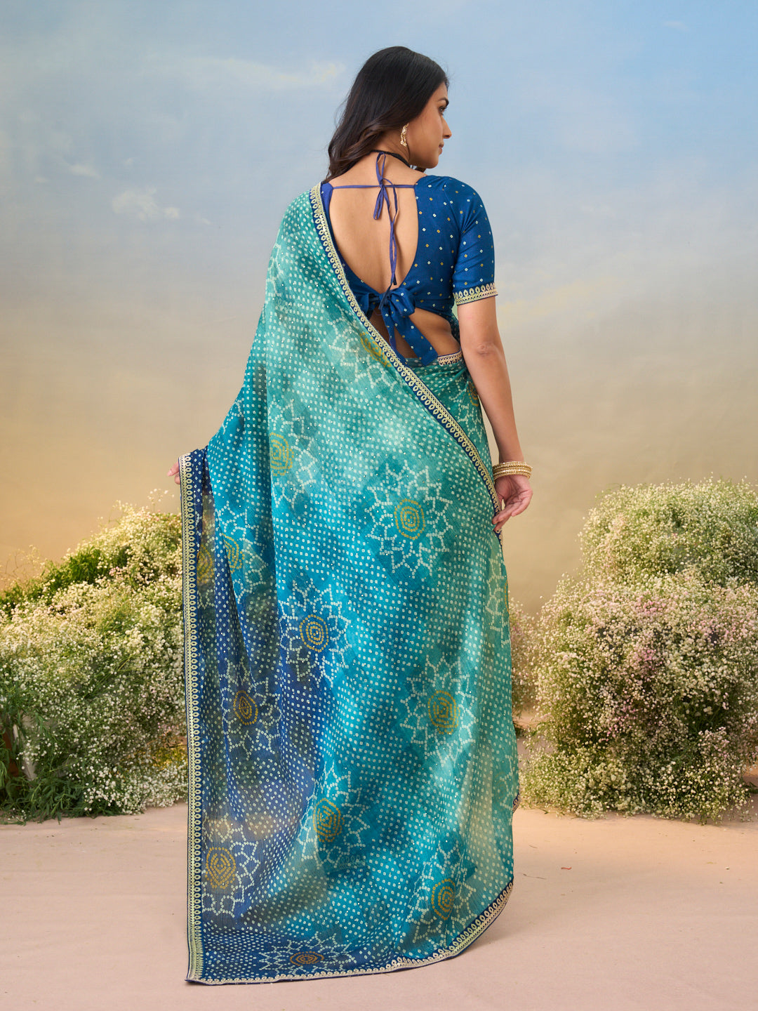 Laxmipati Anaya Teal Blue Silk Saree with Bandhani Prints