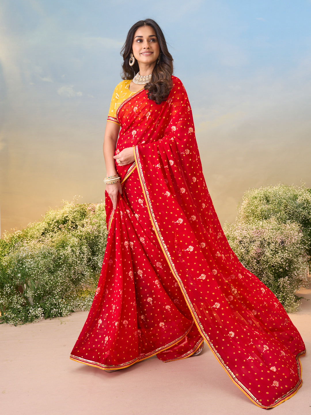 Laxmipati Anaya Red Georgette Saree with Bandhani Prints