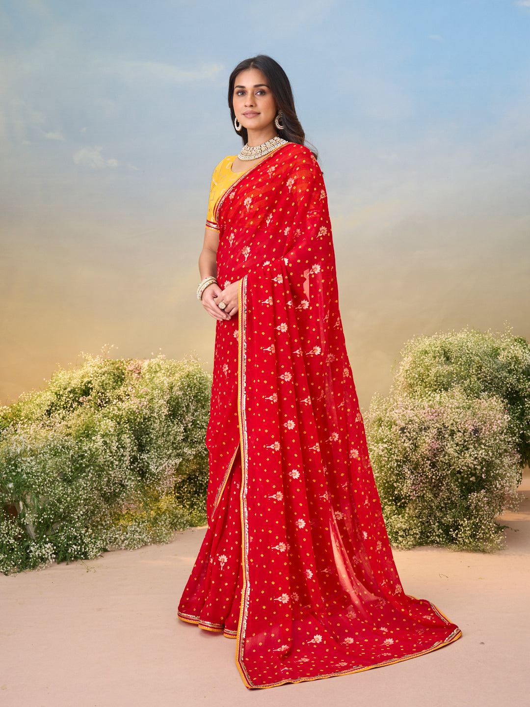 Laxmipati Anaya Red Georgette Saree with Bandhani Prints