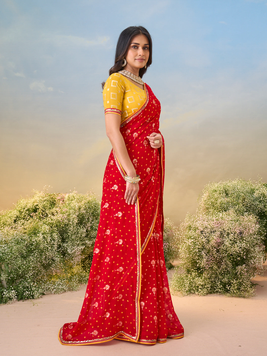 Laxmipati Anaya Red Georgette Saree with Bandhani Prints
