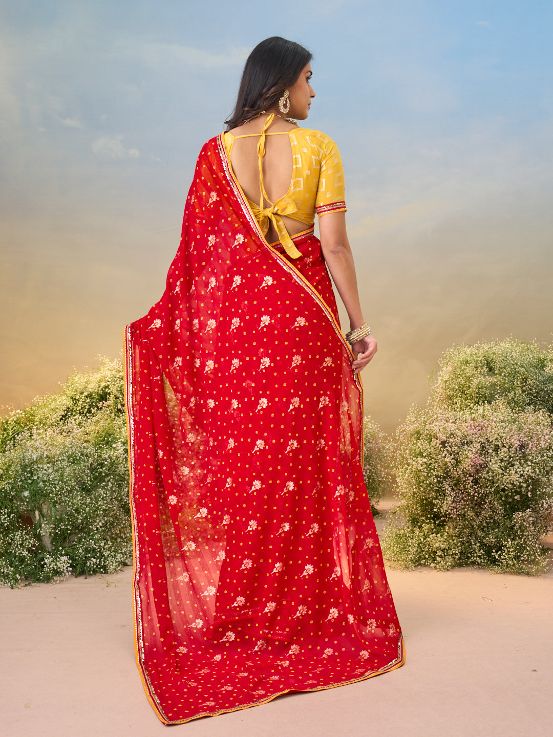 Laxmipati Anaya Red Georgette Saree with Bandhani Prints