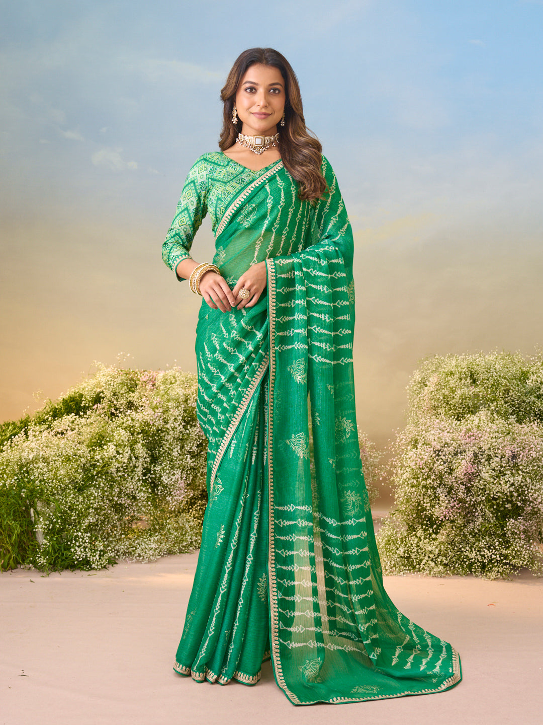 Laxmipati Anaya Green Chiffon Saree with Geometric Prints
